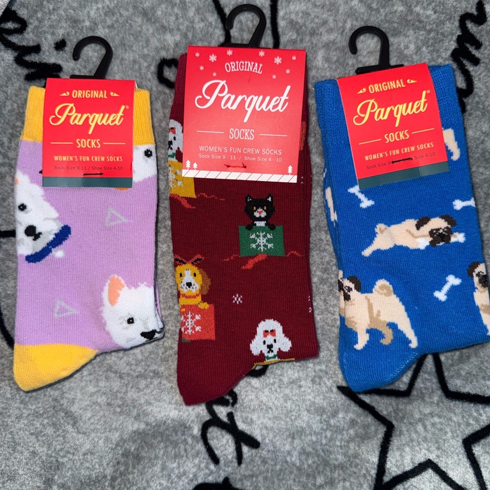 Women’s Novelty Graphic Crew Socks 3-Pairs- Dogs & Cats New L1